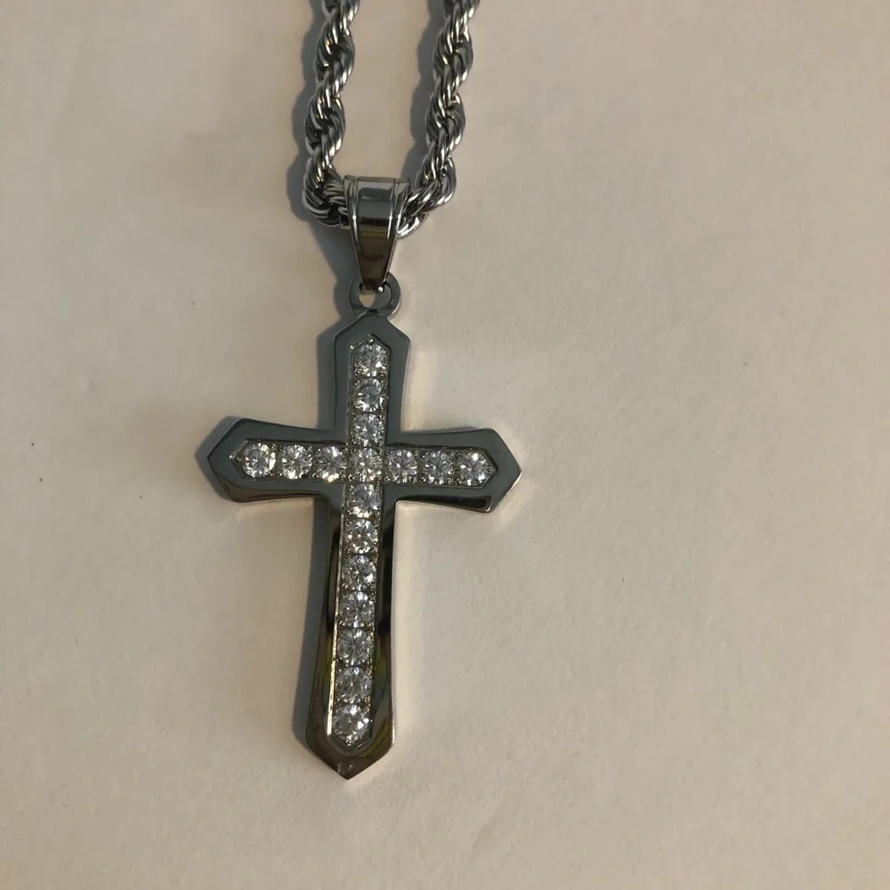 Stainless steel necklace large cubic zirconia cross w/ rope chain